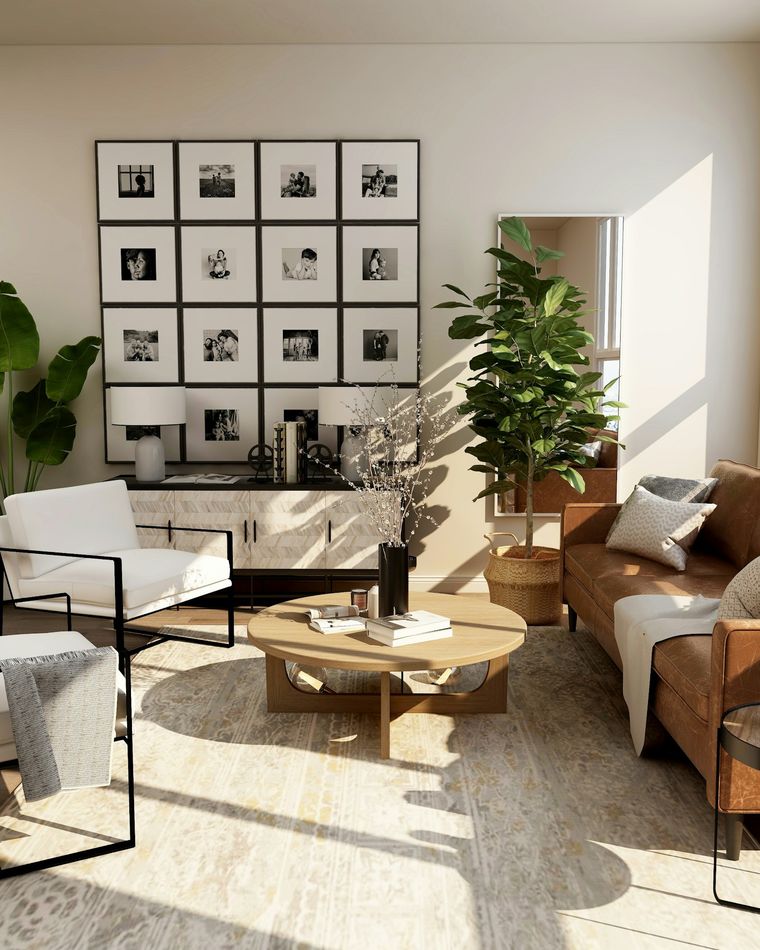Bright, impeccably kept living room with soft natural light